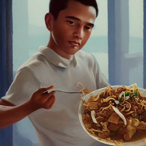 illustration of a young handsome man holding fork and eating lotek pandega food, art by greg rutkowski, ilya kushinov.png