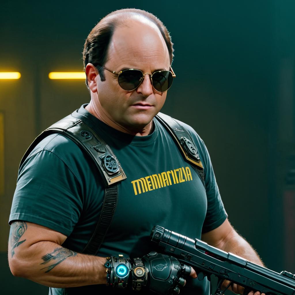 00020-[number]-1338-George Costanza in a surrealist Cyberpunk 2077 world, wearing sunglasses, prosthetic robot arm, short sleeves, arm tattoos, hold.jpeg